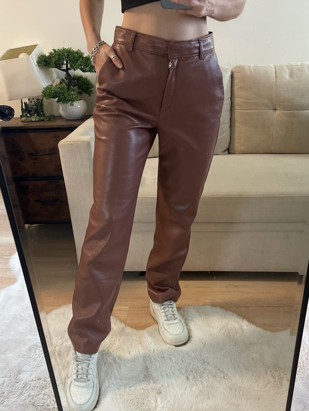 Aritzia Babaton Vegan Leather Pants Cognac Brown 6